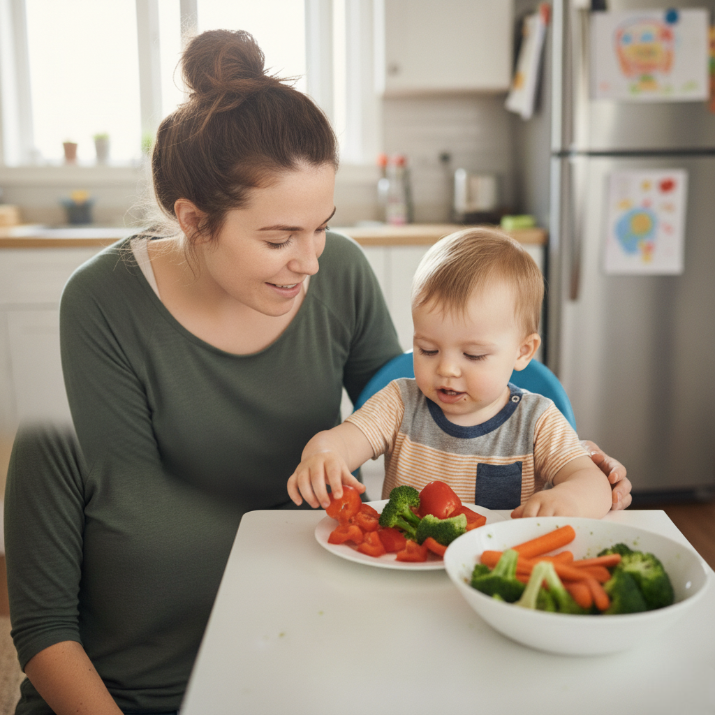 toddler touches a vegetable